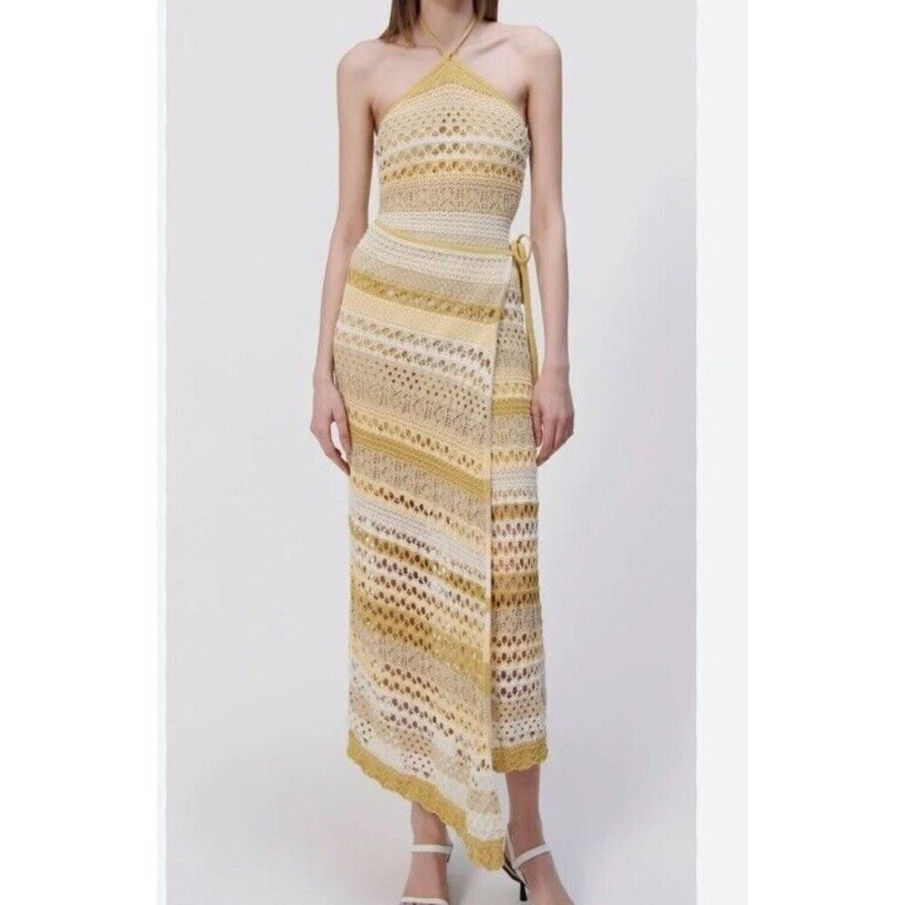 Jonathan Simkhai L Midi Dress Wrap Macrame Crochet Yellow Halter Designer Boho
